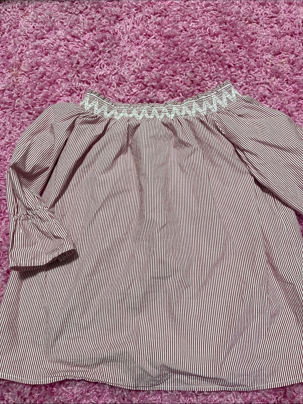 Tacera Pink and White Striped Off-Shoulder Top with Lace Yoke
